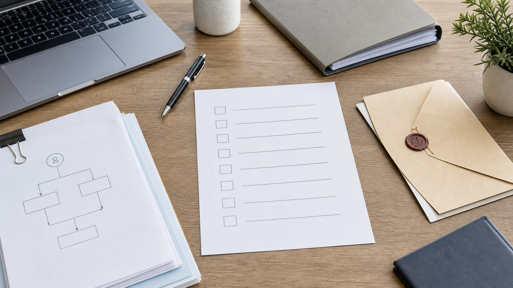 Checklist administrative et documents de création de société au Delaware sur un bureau organisé.