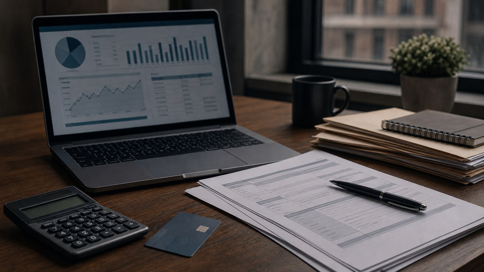 ocuments fiscaux, calculatrice et ordinateur de suivi financier pour une société au Delaware.