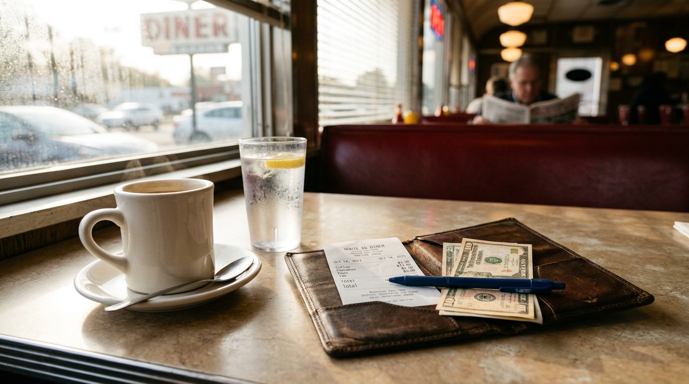 Table de diner américain avec une addition, un stylo et des billets de dollars pour le pourboire aux USA